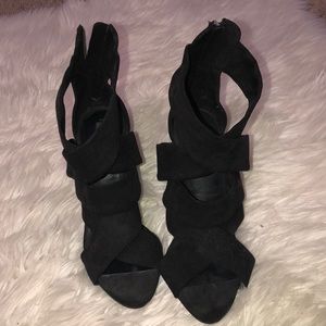 Black Strappy Suede Sandal Heels